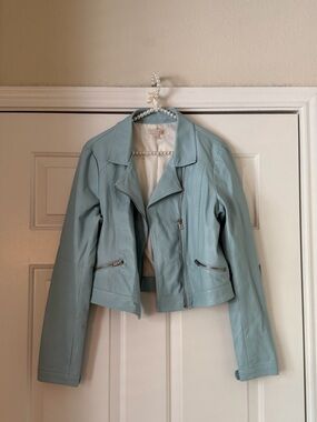 Gianni Bini Baby Blue Faux Leather Motto Jacket